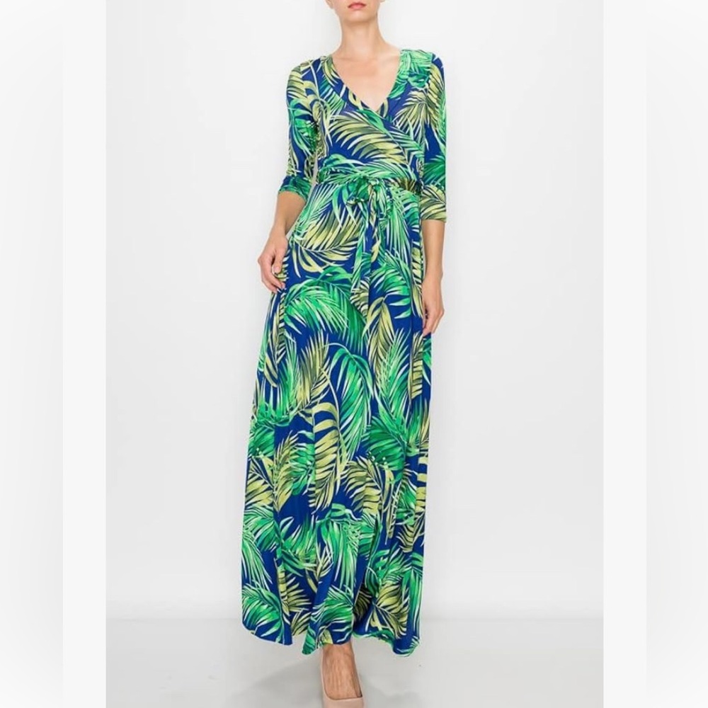 NWT Bon Rosy Janette‎ 3/4 Sleeve V-Neck Tropical Faux Wrap Maxi Dress Navy Green
